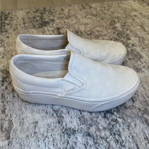 White on white checkered slip on vans